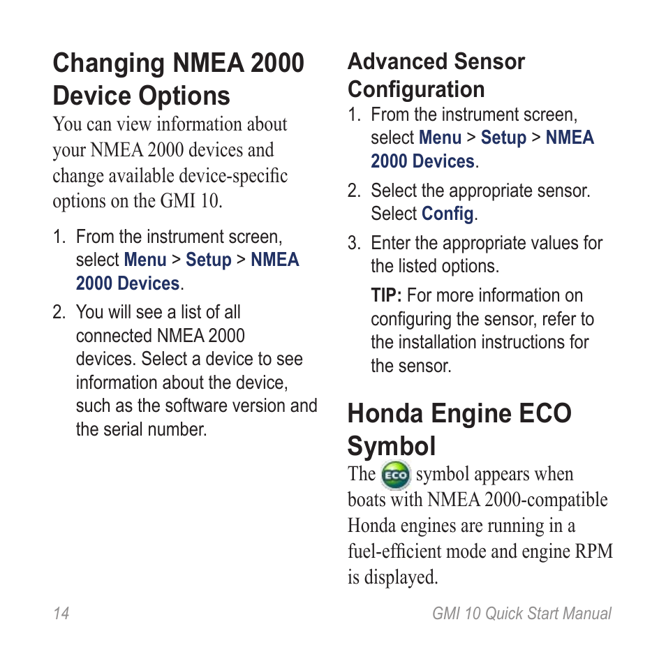 Changing nmea 2000 device options, Honda engine eco symbol, Advanced sensor configuration | Garmin 190-01015-01 User Manual | Page 14 / 20