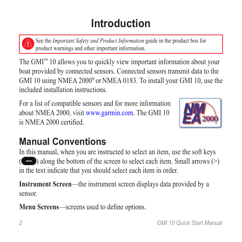 Introduction, Manual conventions | Garmin 190-01015-01 User Manual | Page 2 / 20