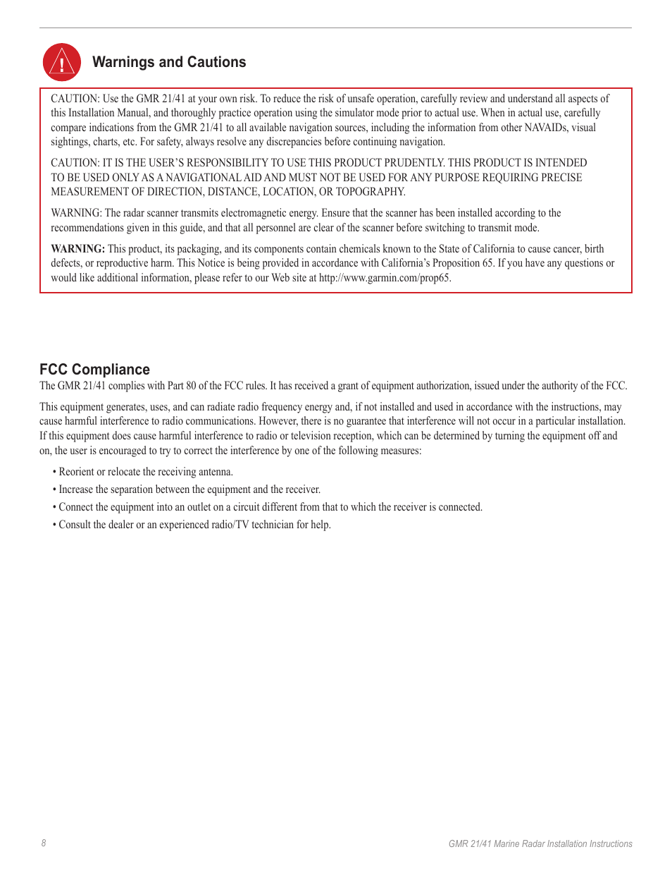 Warnings and cautions, Fcc compliance | Garmin GMR 21/41 User Manual | Page 10 / 13