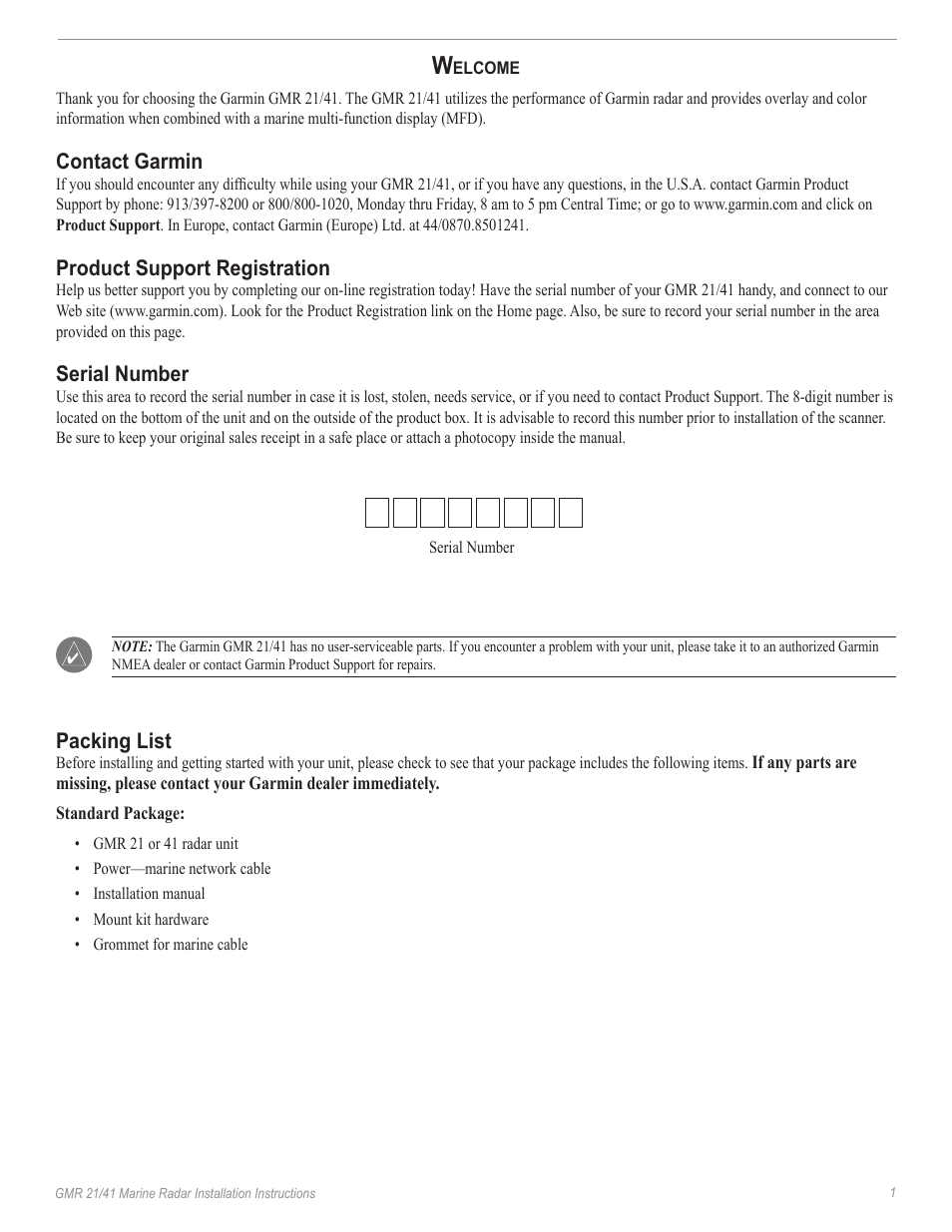 Contact garmin, Product support registration, Serial number | Packing list | Garmin GMR 21/41 User Manual | Page 3 / 13