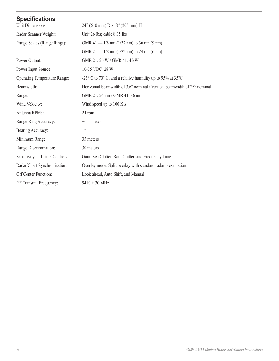 Speciﬁcations | Garmin GMR 21/41 User Manual | Page 8 / 13