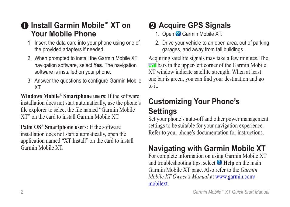 Install garmin mobile™ xt on your mobile phone, Acquire gps signals, Customizing your phone’s settings | Navigating with garmin mobile xt, Install garmin mobile, Xt on your mobile phone | Garmin MOBILE XT User Manual | Page 2 / 8