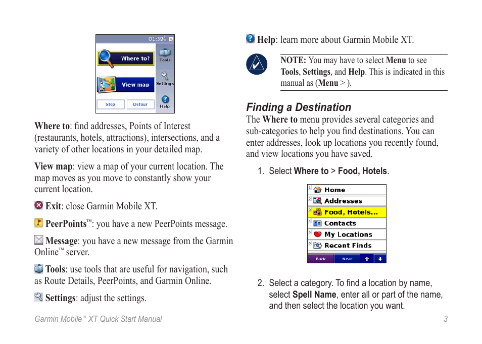 Finding a destination | Garmin MOBILE XT User Manual | Page 3 / 8