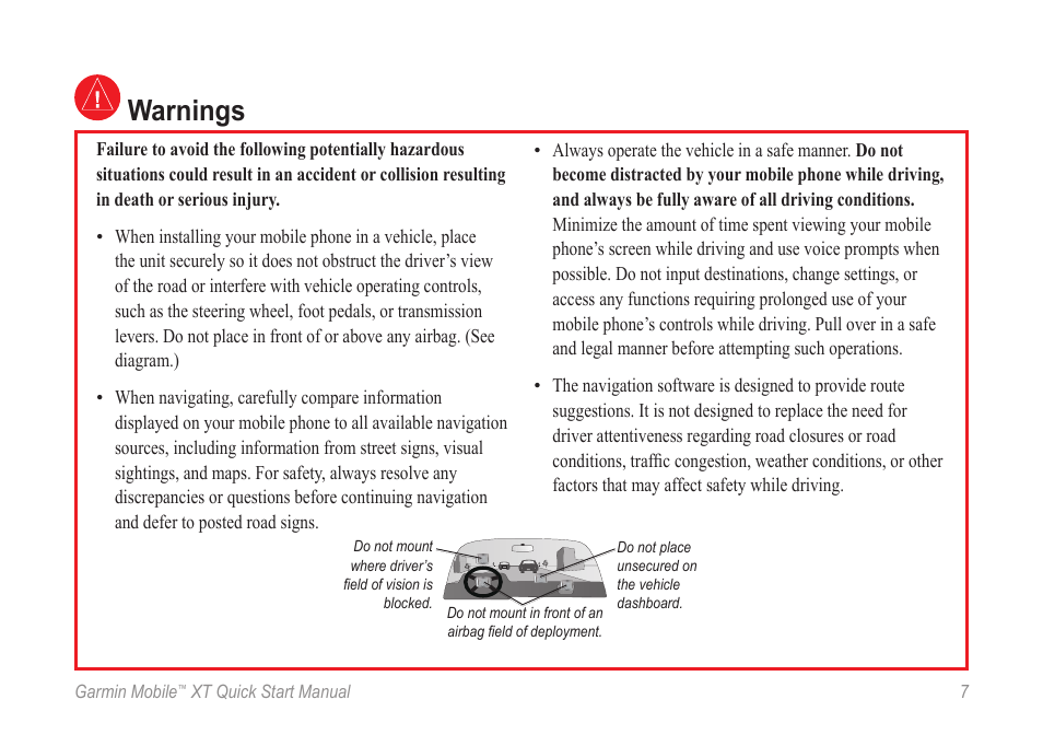 Warnings | Garmin MOBILE XT User Manual | Page 7 / 8