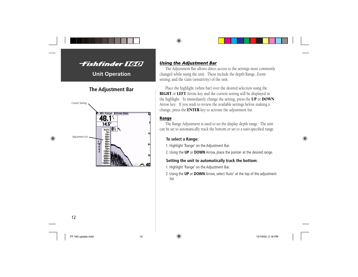 Unit operation the adjustment bar | Garmin 160 User Manual | Page 20 / 50