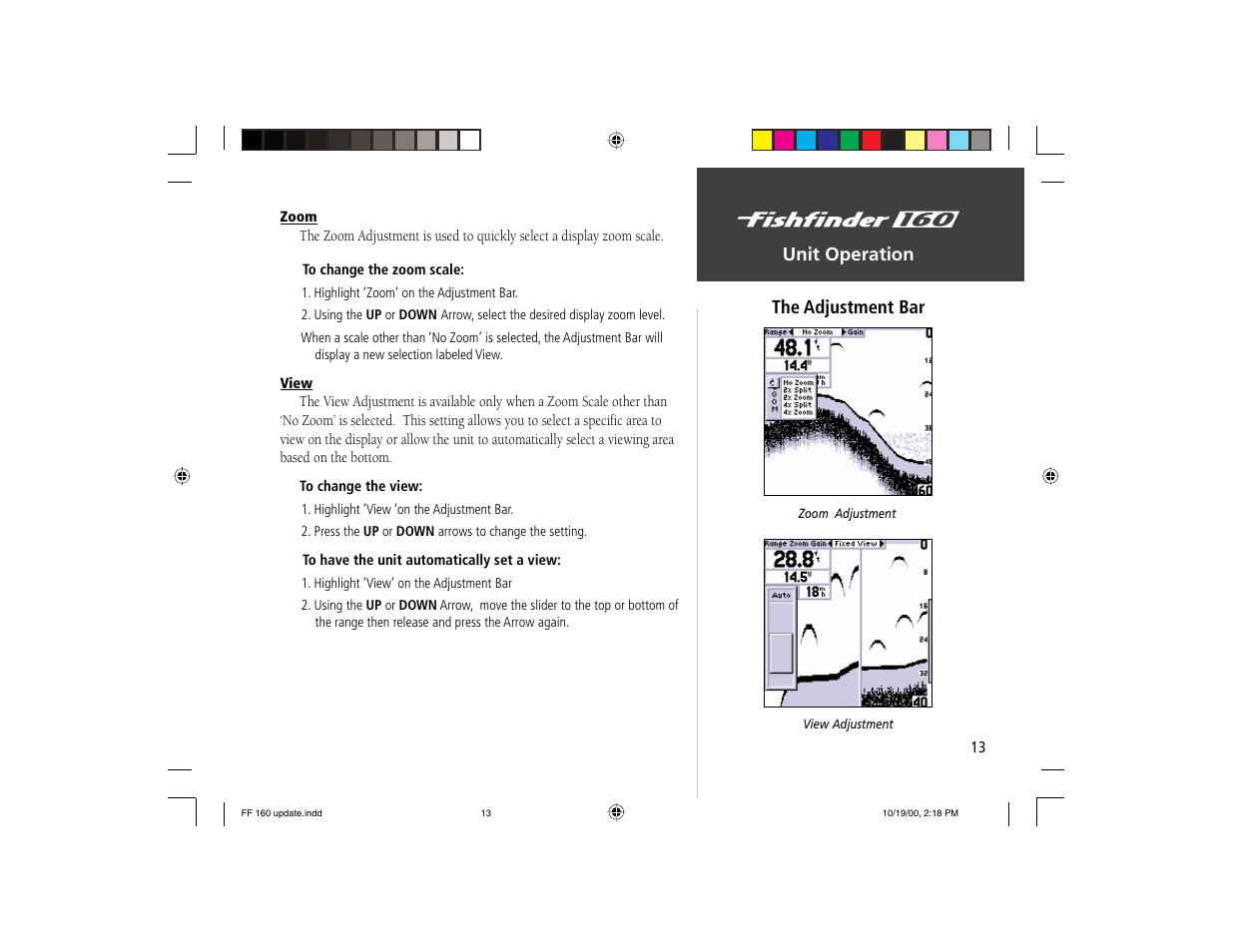 Unit operation the adjustment bar | Garmin 160 User Manual | Page 21 / 50