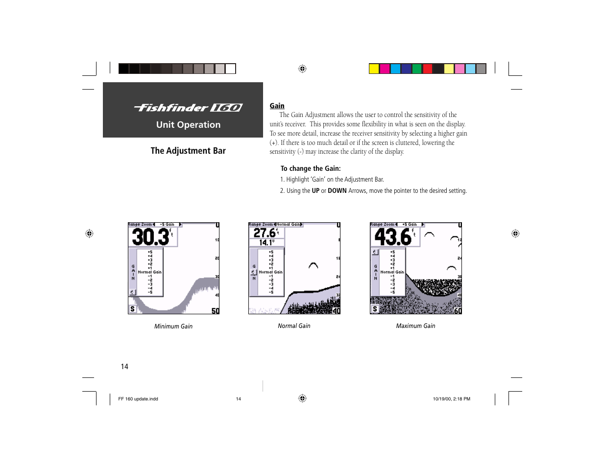 Unit operation, The adjustment bar | Garmin 160 User Manual | Page 22 / 50