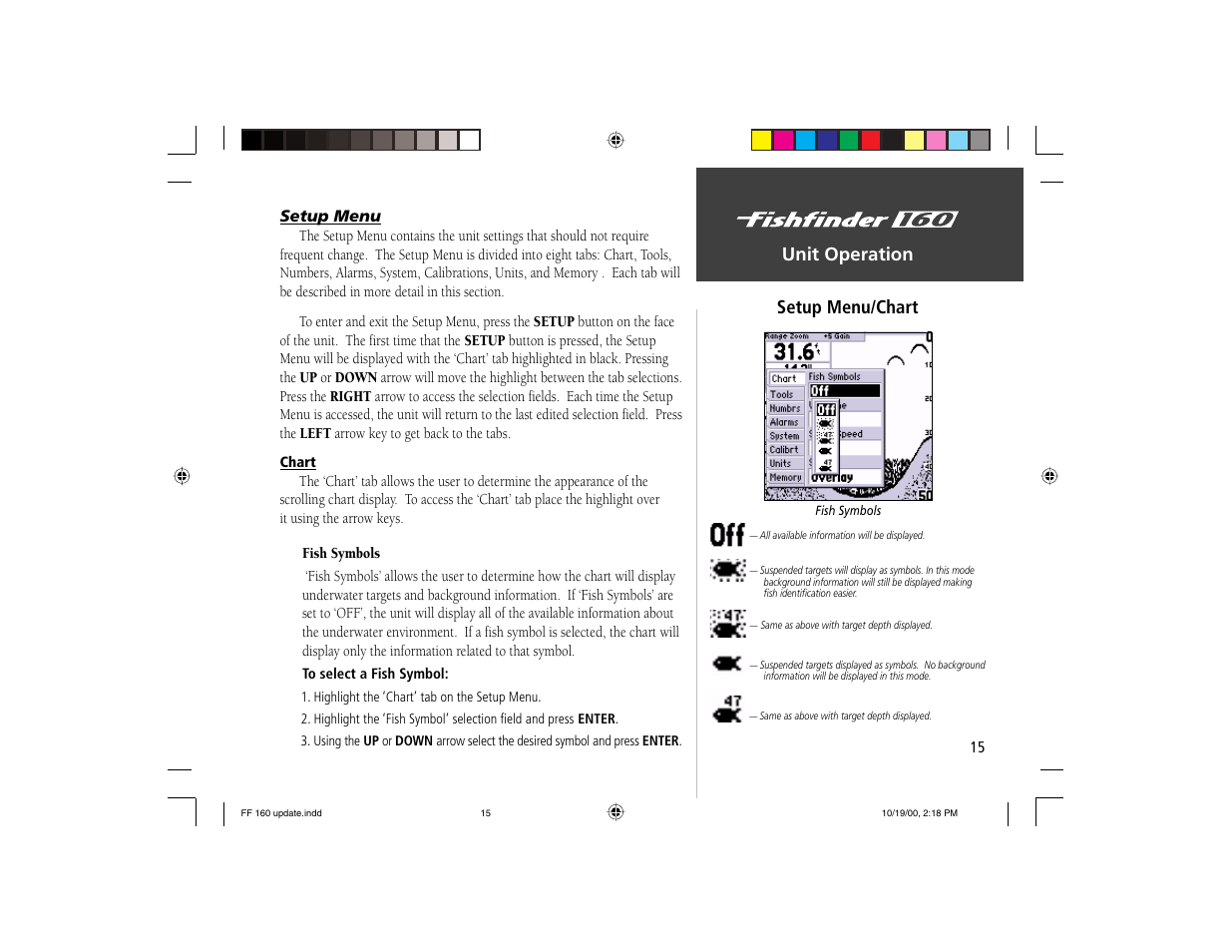 Unit operation setup menu/chart | Garmin 160 User Manual | Page 23 / 50