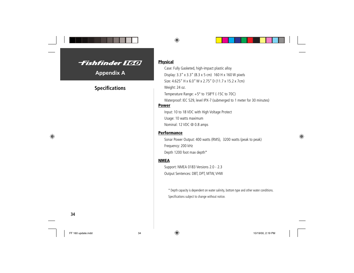 On the water, Appendix a specifi cations | Garmin 160 User Manual | Page 42 / 50
