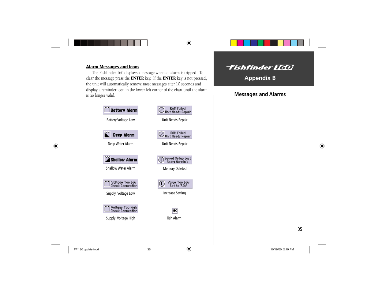 On the water, Appendix b, Messages and alarms | Garmin 160 User Manual | Page 43 / 50