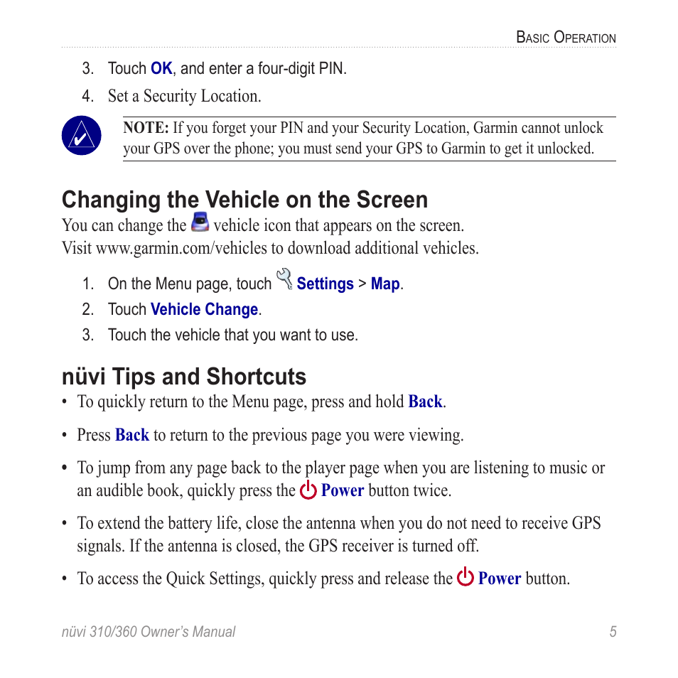 Changing the vehicle on the screen, Nüvi tips and shortcuts | Garmin 360 User Manual | Page 13 / 72