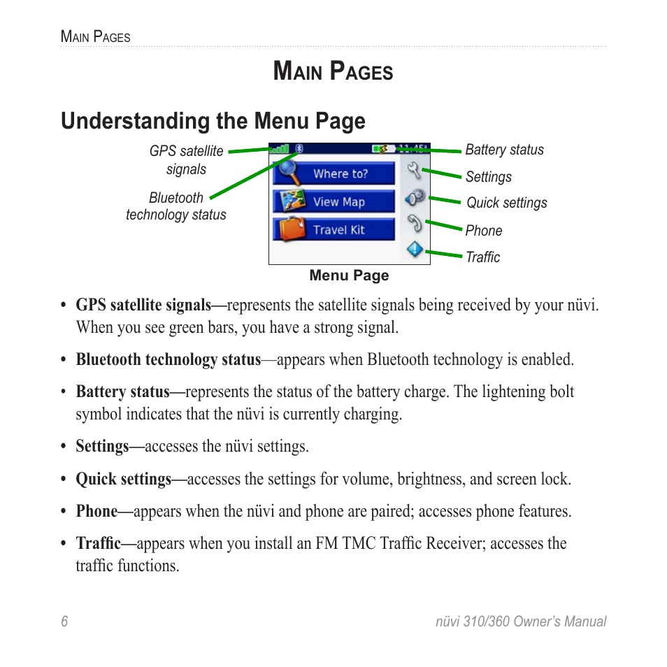 Understanding the menu page | Garmin 360 User Manual | Page 14 / 72