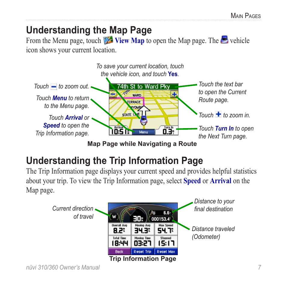 Understanding the map page, Understanding the trip information page | Garmin 360 User Manual | Page 15 / 72