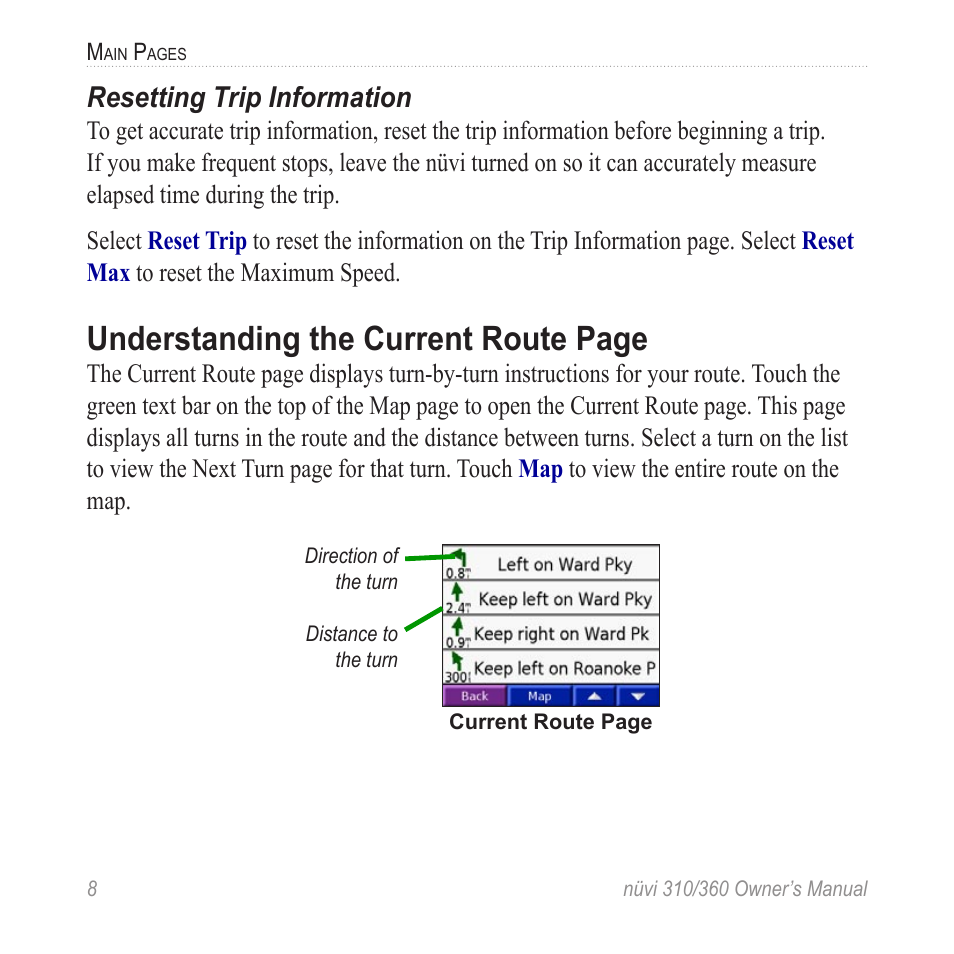 Understanding the current route page, Resetting trip information | Garmin 360 User Manual | Page 16 / 72