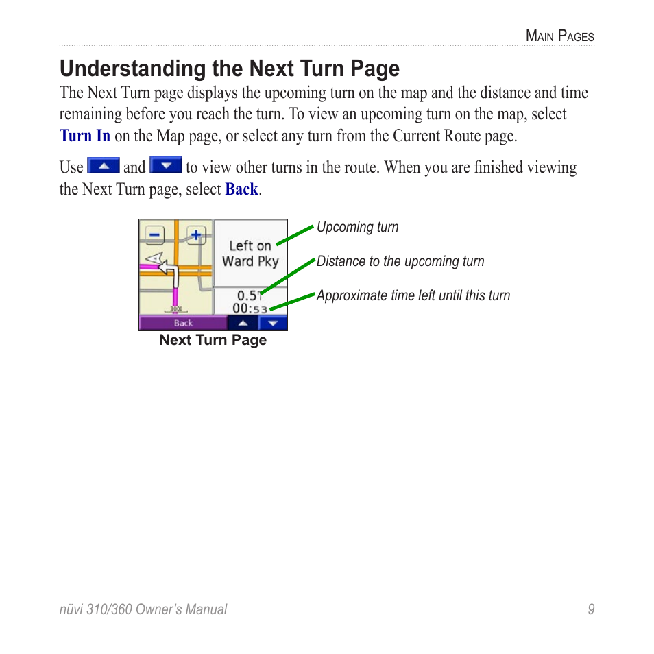 Understanding the next turn page | Garmin 360 User Manual | Page 17 / 72