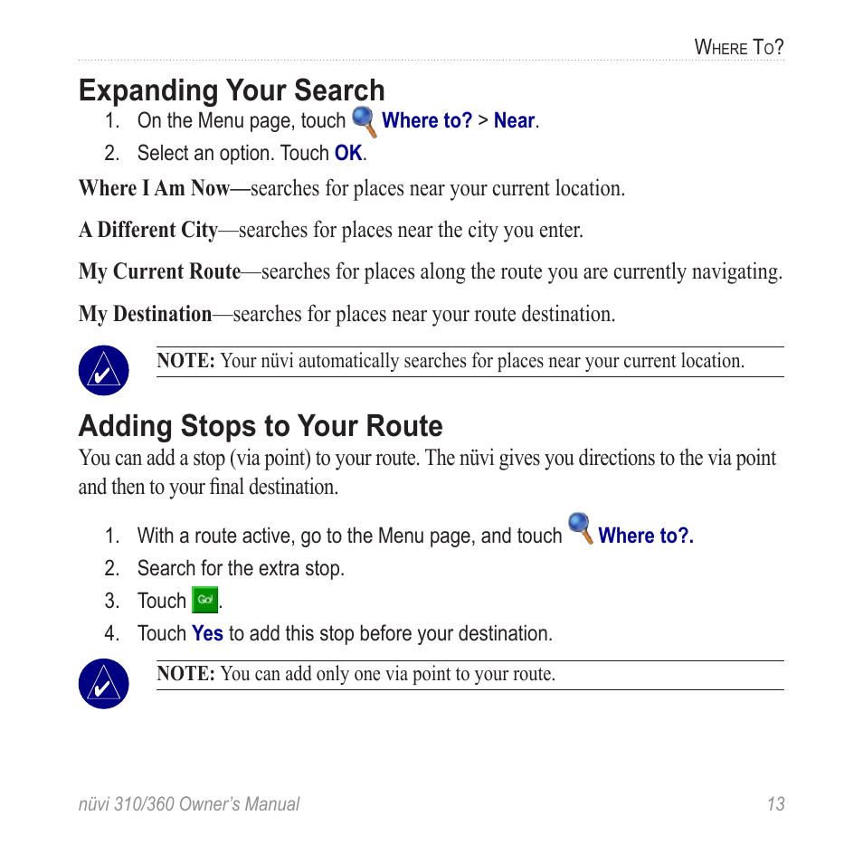 Expanding your search, Adding stops to your route | Garmin 360 User Manual | Page 21 / 72