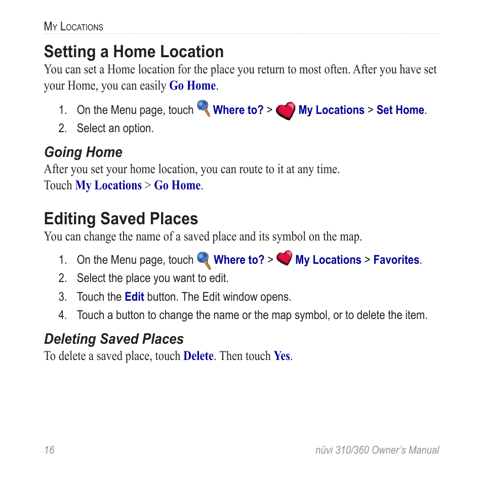 Setting a home location, Editing saved places | Garmin 360 User Manual | Page 24 / 72