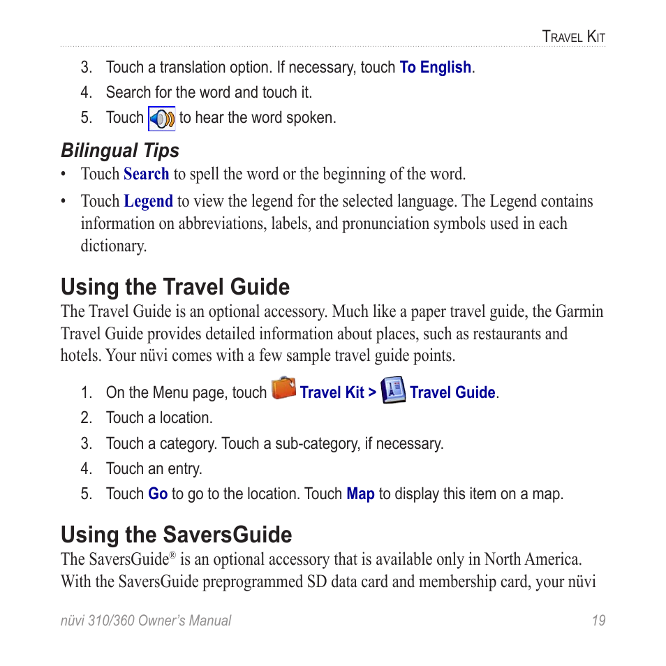 Using the travel guide, Using the saversguide, Bilingual tips | Garmin 360 User Manual | Page 27 / 72