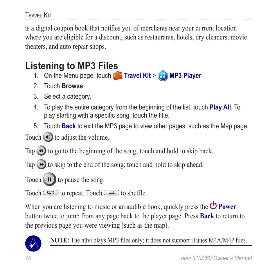 Listening to mp3 files | Garmin 360 User Manual | Page 28 / 72