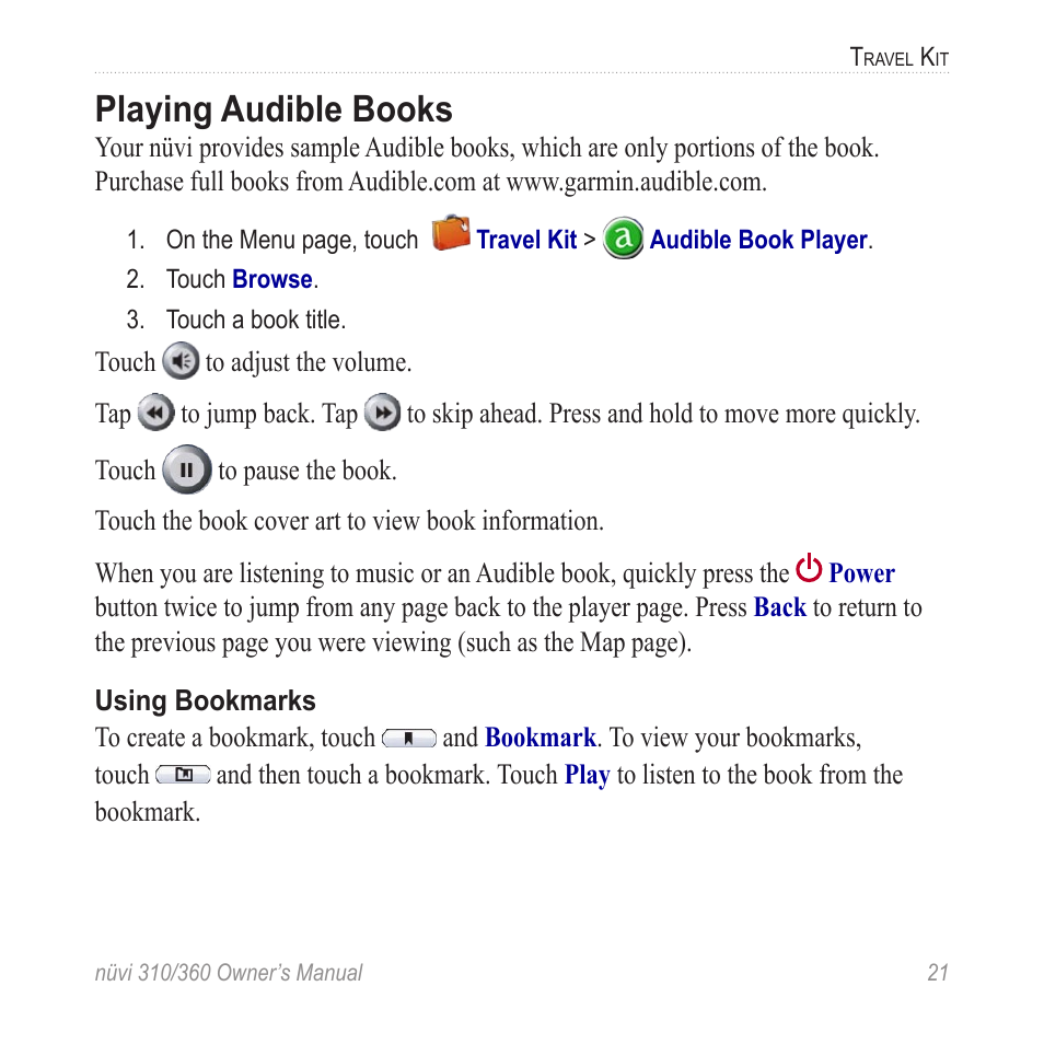 Playing audible books | Garmin 360 User Manual | Page 29 / 72