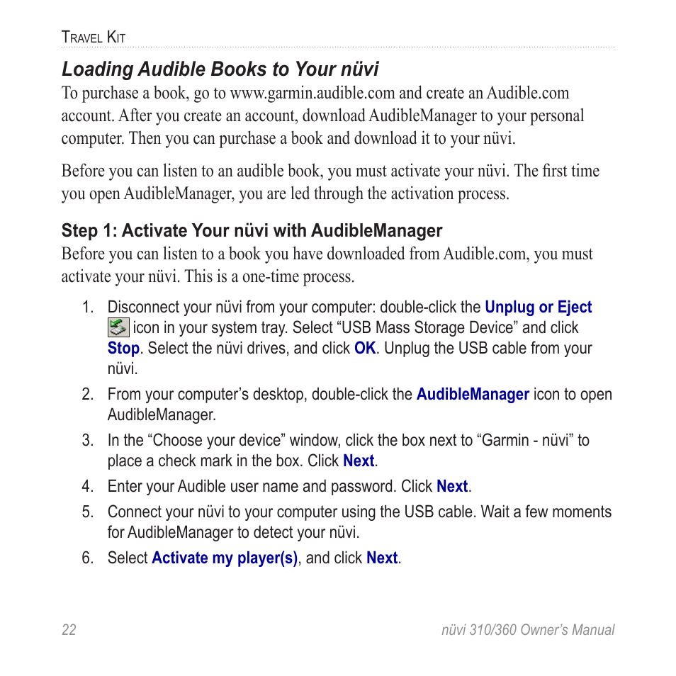 Loading audible books to your nüvi | Garmin 360 User Manual | Page 30 / 72