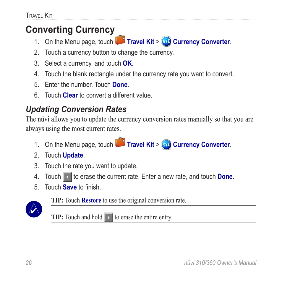 Converting currency, Updating conversion rates | Garmin 360 User Manual | Page 34 / 72