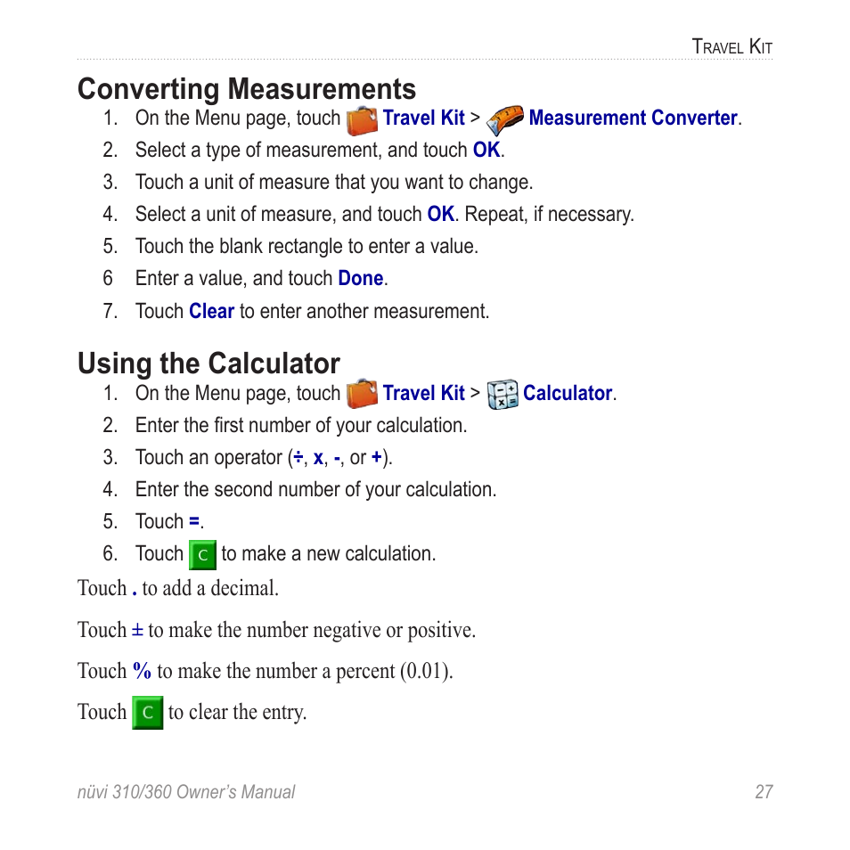 Converting measurements, Using the calculator | Garmin 360 User Manual | Page 35 / 72