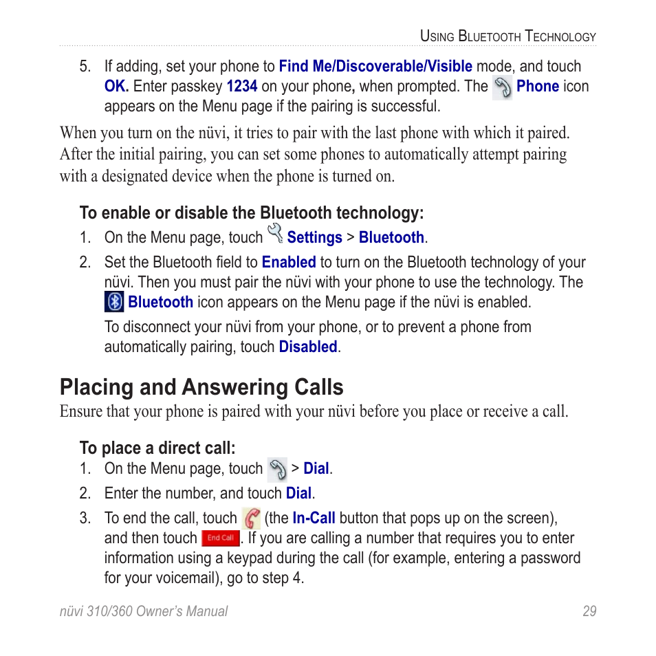 Placing and answering calls | Garmin 360 User Manual | Page 37 / 72