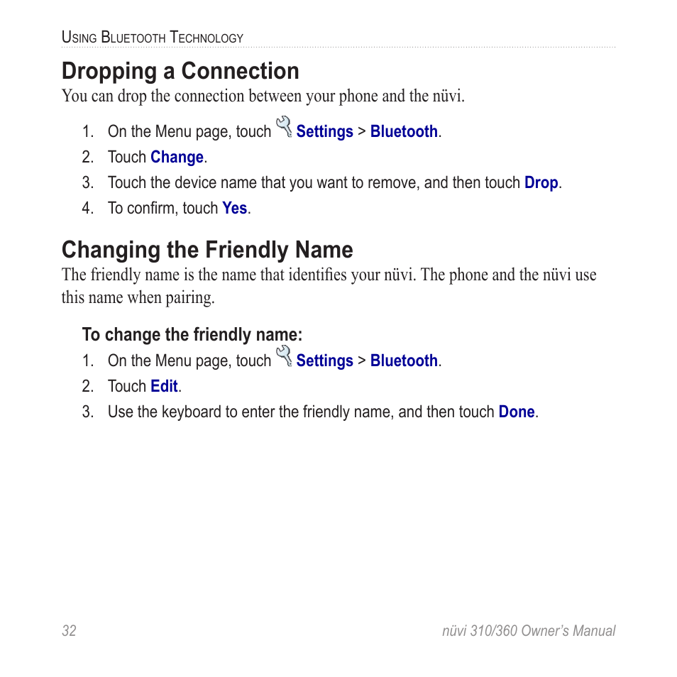 Dropping a connection, Changing the friendly name | Garmin 360 User Manual | Page 40 / 72