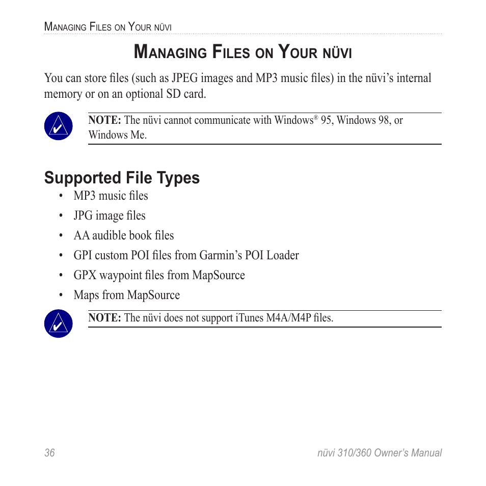 Managing files on your nüvi, Supported file types | Garmin 360 User Manual | Page 44 / 72