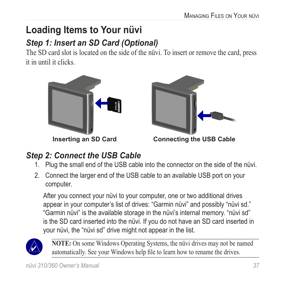 Loading items to your nüvi, Step 1: insert an sd card (optional), Step 2: connect the usb cable | Garmin 360 User Manual | Page 45 / 72