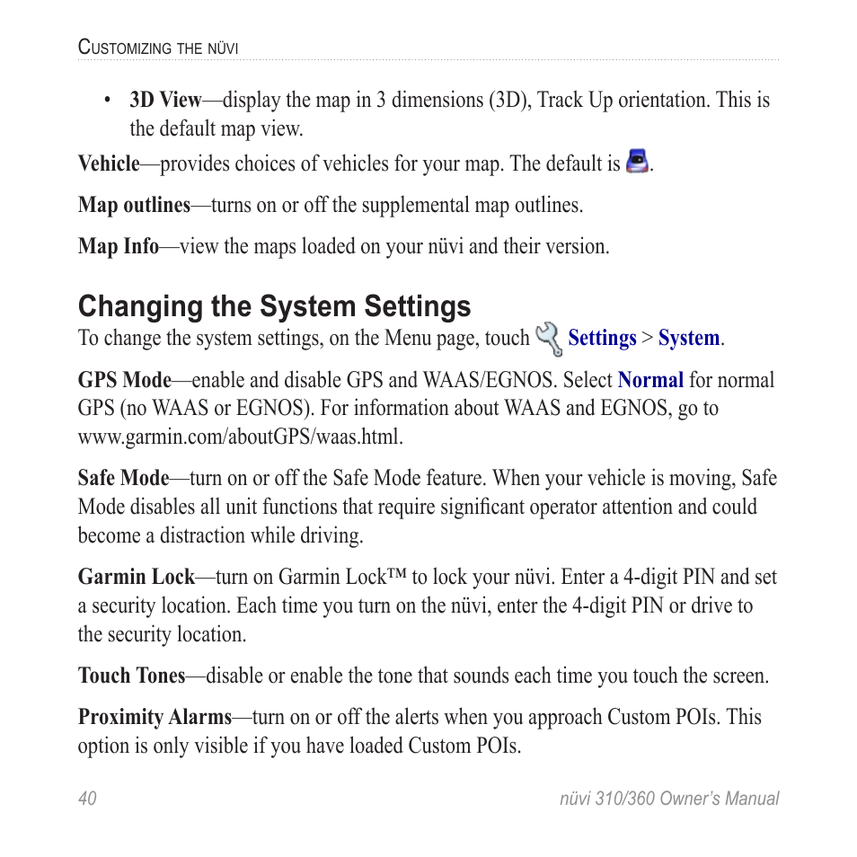 Changing the system settings | Garmin 360 User Manual | Page 48 / 72