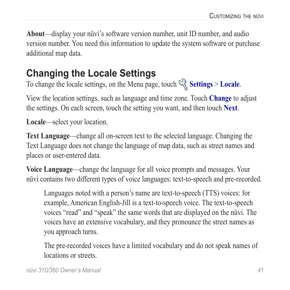 Changing the locale settings | Garmin 360 User Manual | Page 49 / 72