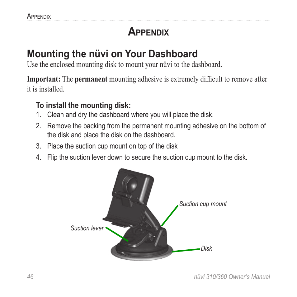 Appendix, Mounting the nüvi on your dashboard | Garmin 360 User Manual | Page 54 / 72