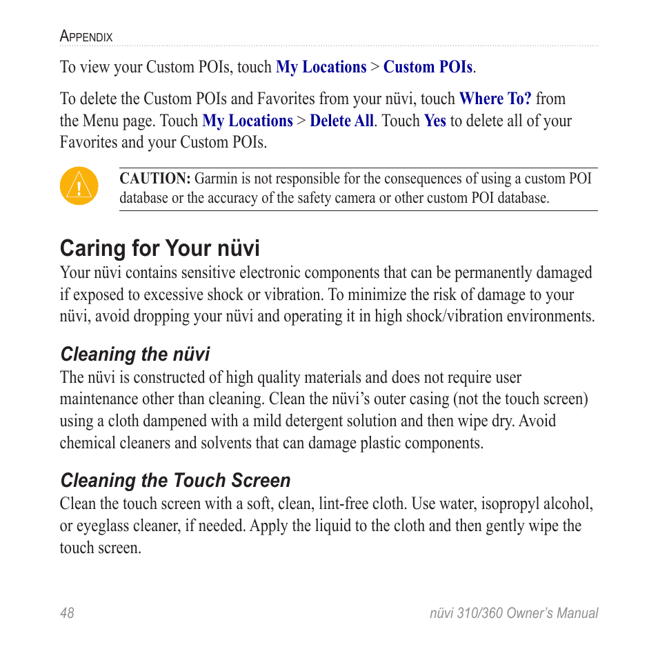 Caring for your nüvi | Garmin 360 User Manual | Page 56 / 72