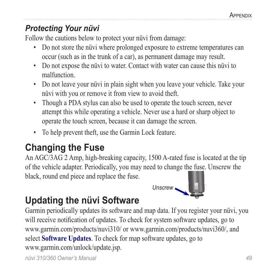 Changing the fuse, Updating the nüvi software | Garmin 360 User Manual | Page 57 / 72