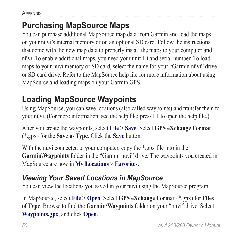 Purchasing mapsource maps, Loading mapsource waypoints | Garmin 360 User Manual | Page 58 / 72