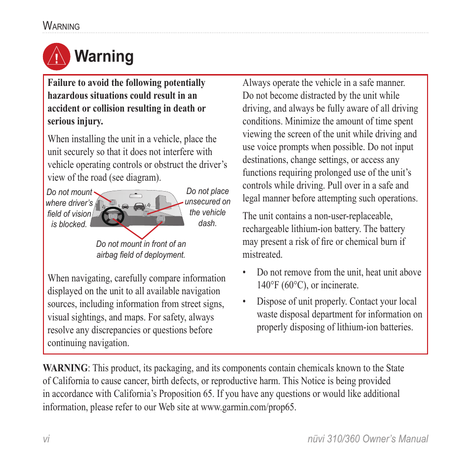 Warning | Garmin 360 User Manual | Page 6 / 72