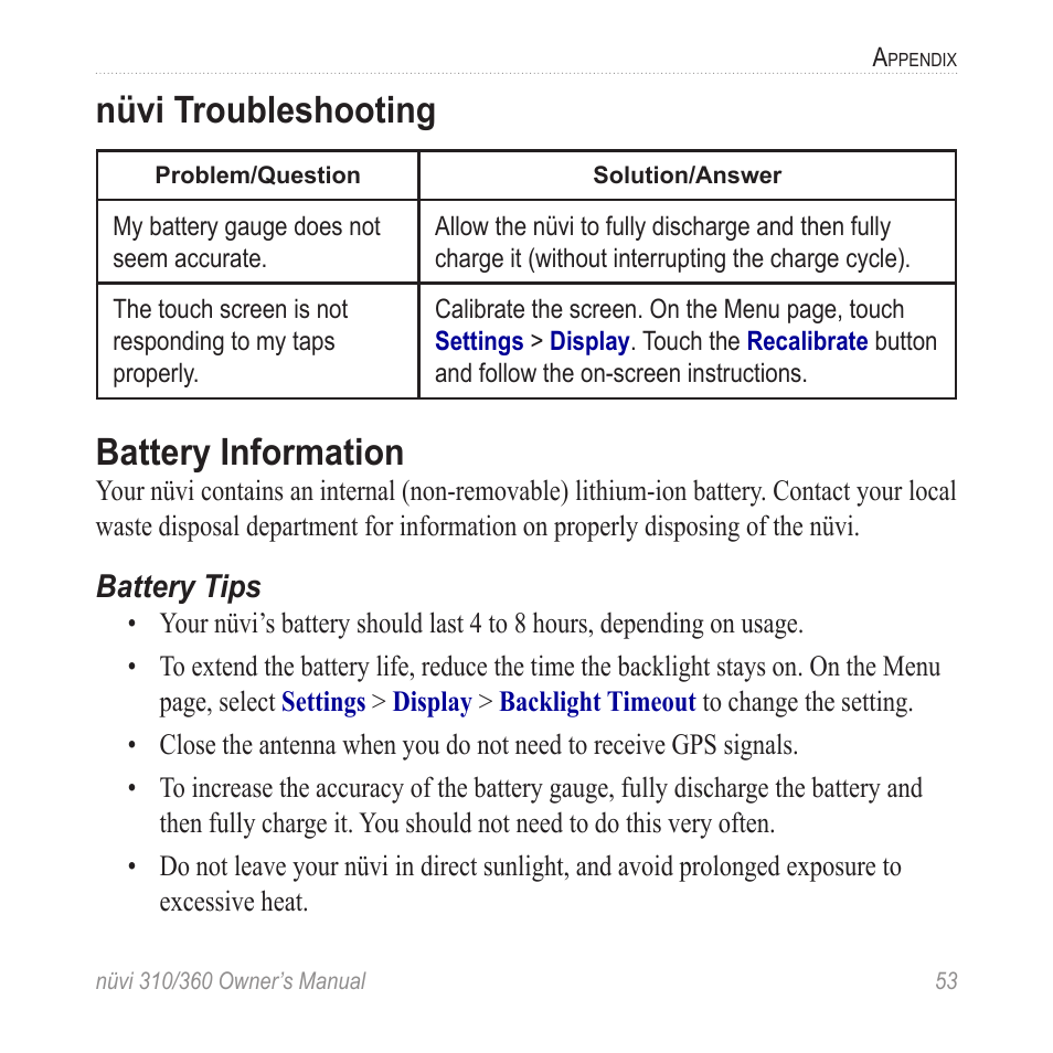 Nüvi troubleshooting, Battery information | Garmin 360 User Manual | Page 61 / 72