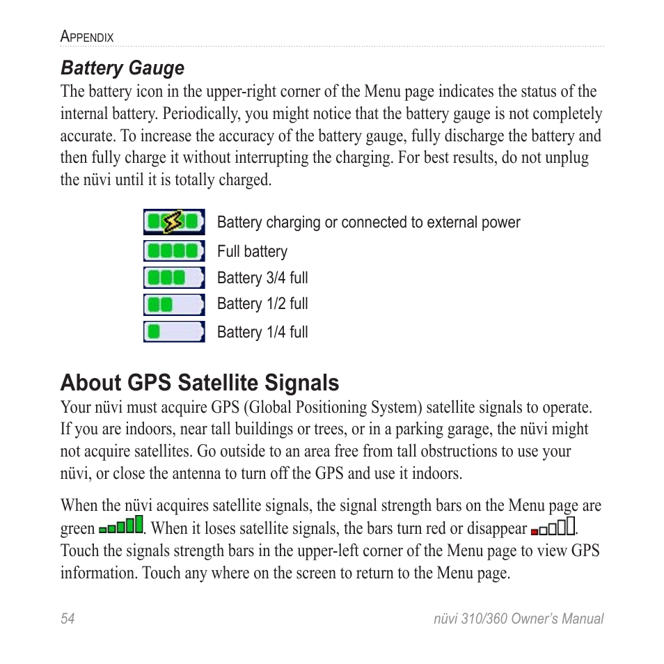 About gps satellite signals | Garmin 360 User Manual | Page 62 / 72