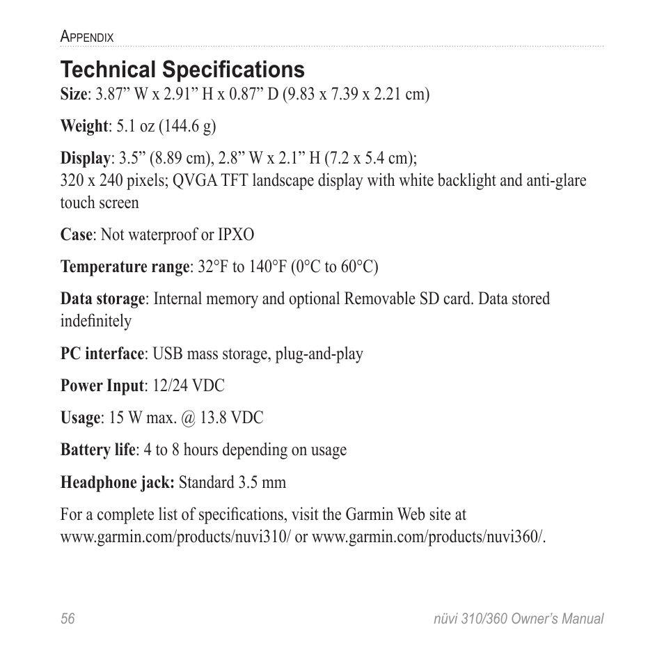 Technical specifications, Technical speciﬁcations | Garmin 360 User Manual | Page 64 / 72