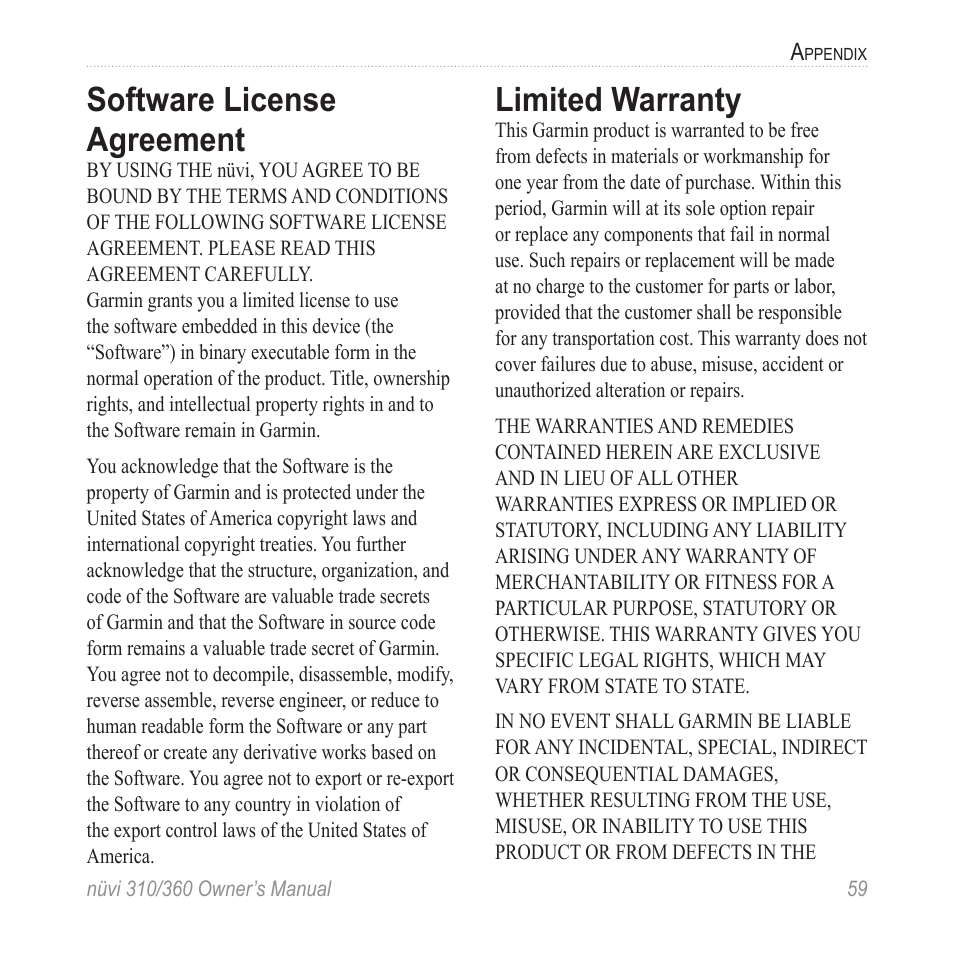 Software license agreement, Limited warranty | Garmin 360 User Manual | Page 67 / 72