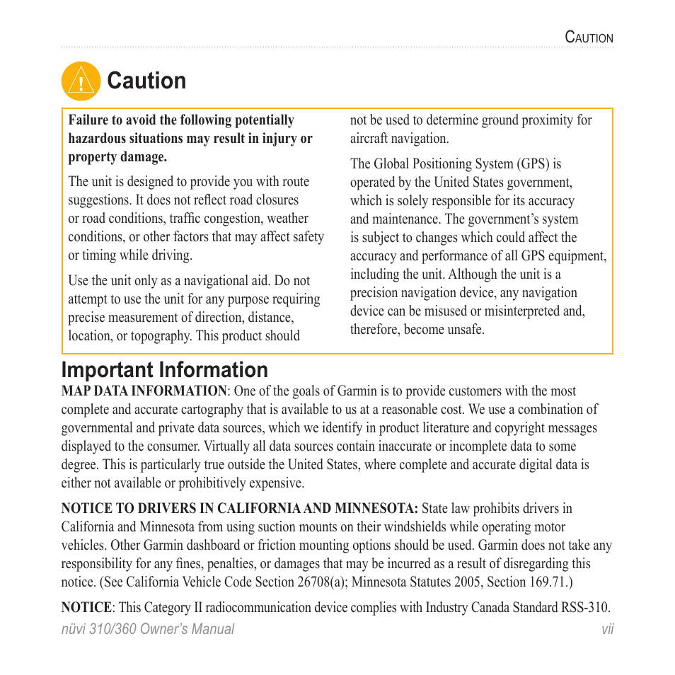 Caution, Important information | Garmin 360 User Manual | Page 7 / 72