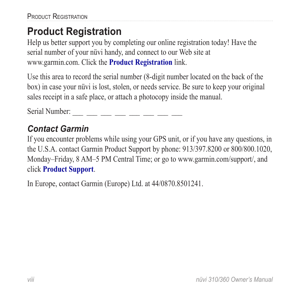 Product registration | Garmin 360 User Manual | Page 8 / 72