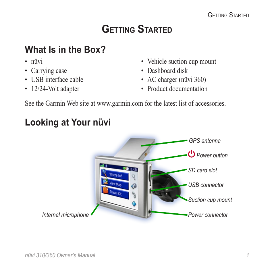 Getting started, What is in the box, Looking at your nüvi | Garmin 360 User Manual | Page 9 / 72