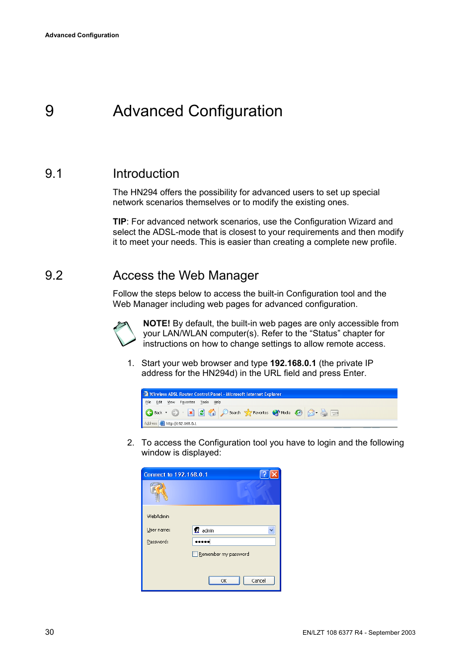 9 advanced configuration, 1 introduction, 2 access the web manager | Garmin HN294DP/DI User Manual | Page 36 / 104