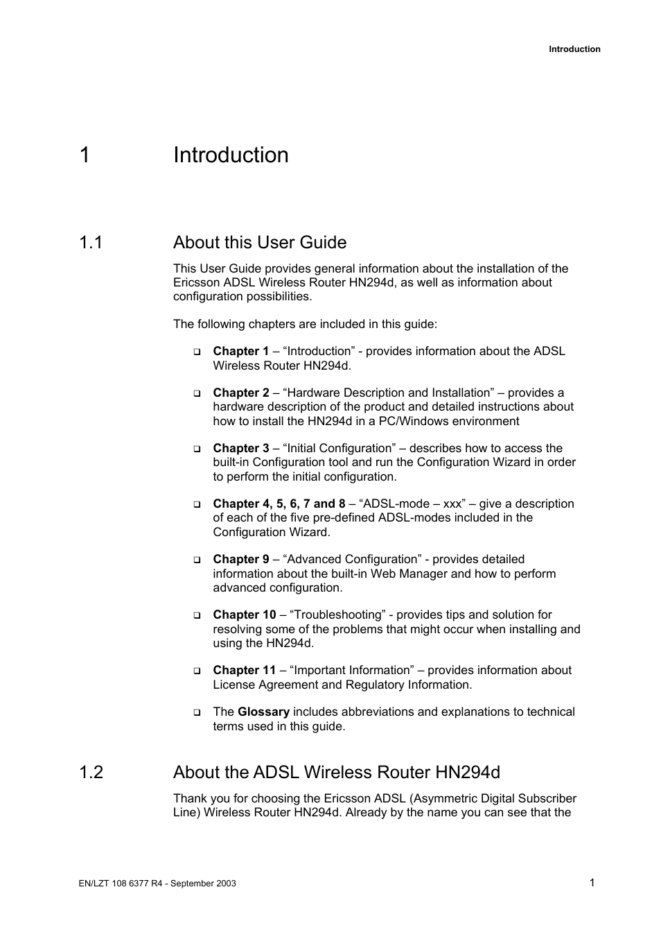 1 introduction, 1 about this user guide, 2 about the adsl wireless router hn294d | Garmin HN294DP/DI User Manual | Page 7 / 104