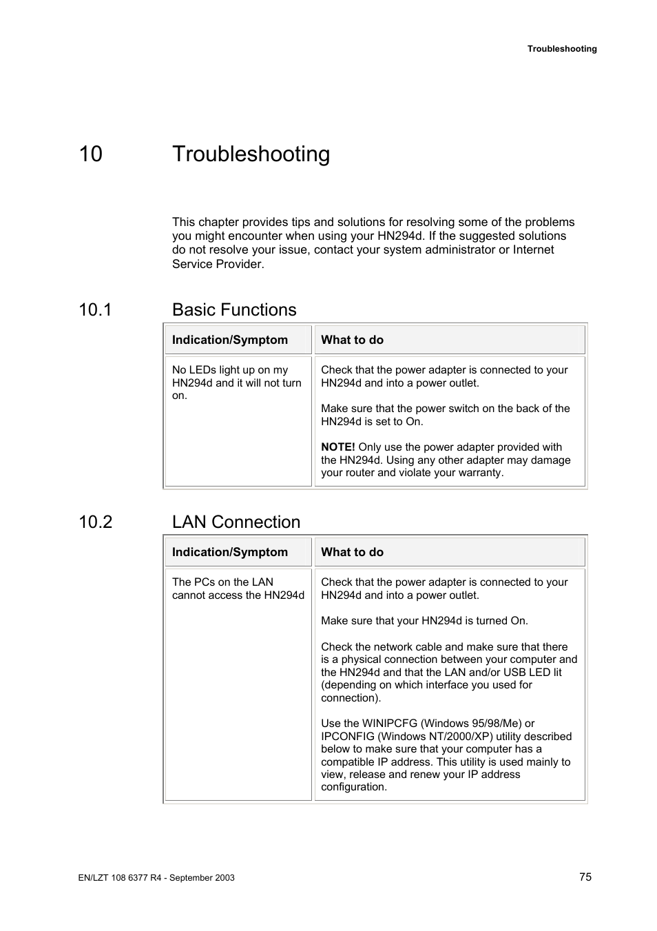 10 troubleshooting, 1 basic functions, 2 lan connection | Garmin HN294DP/DI User Manual | Page 81 / 104