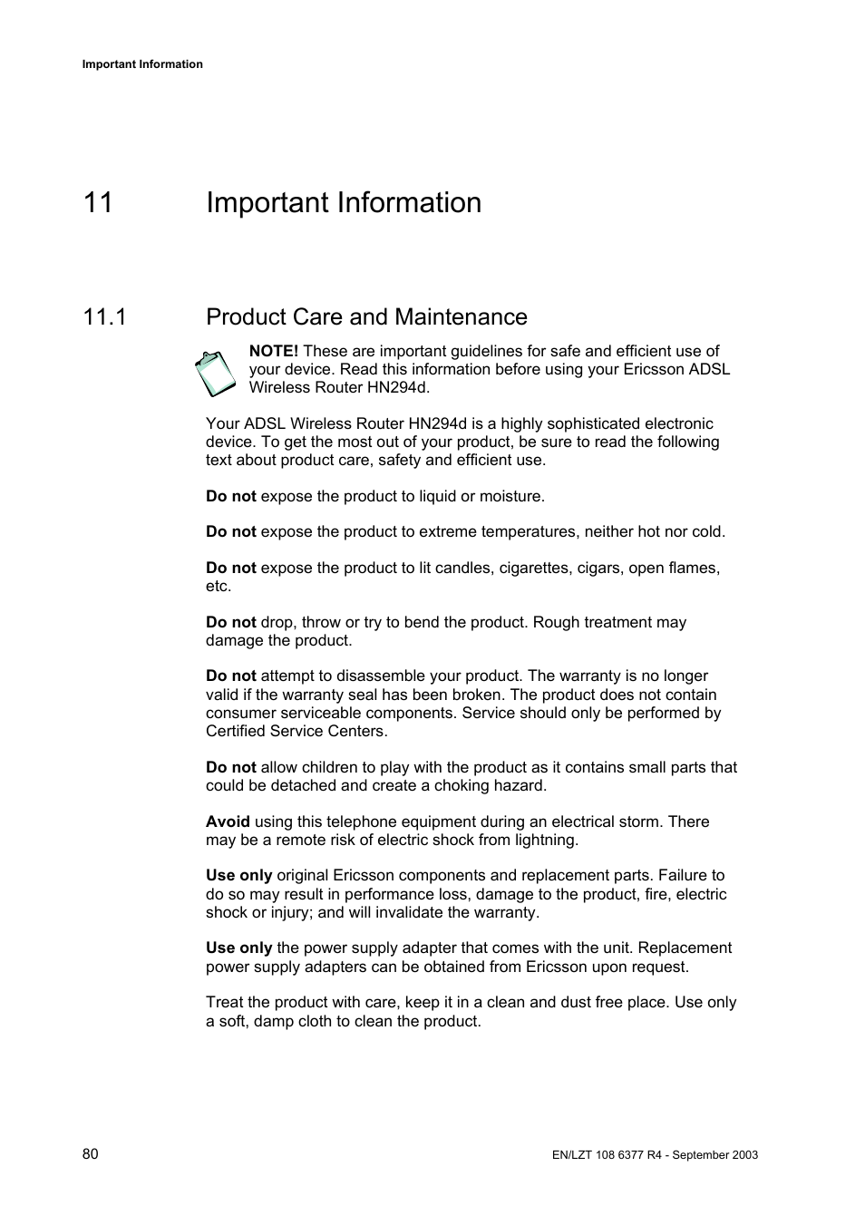 11 important information, 1 product care and maintenance | Garmin HN294DP/DI User Manual | Page 86 / 104