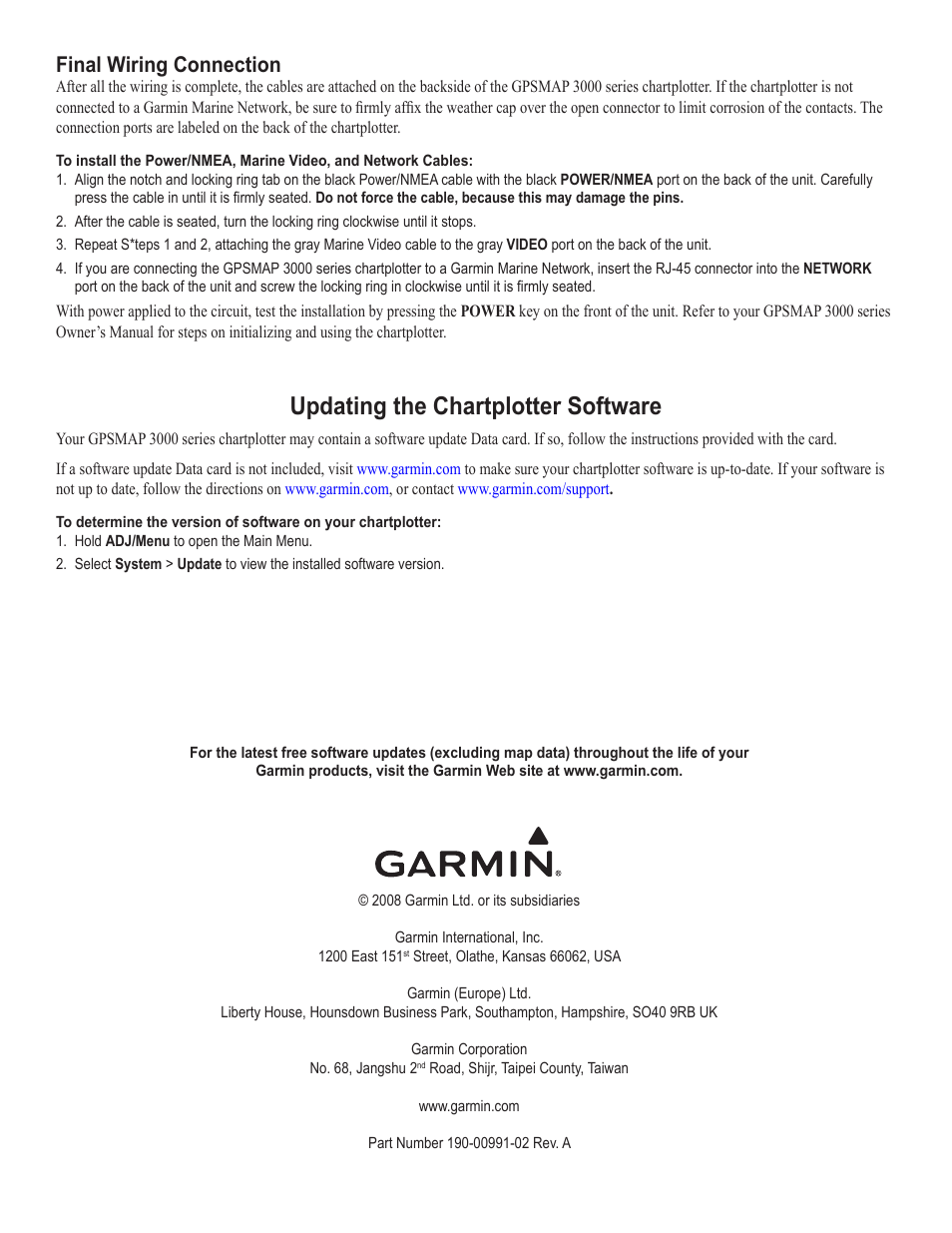 Final wiring connection, Updating the chartplotter software | Garmin 3000 User Manual | Page 10 / 10